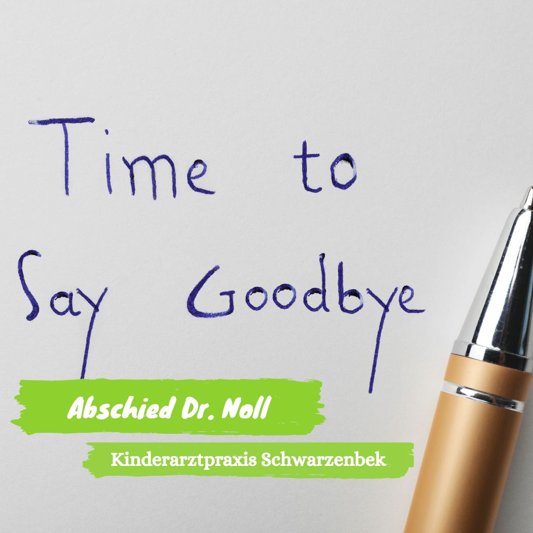 Papier mit dem handschriftlich geschriebenen Satz "Time to say goodbye" und Kugelschreiber daneben